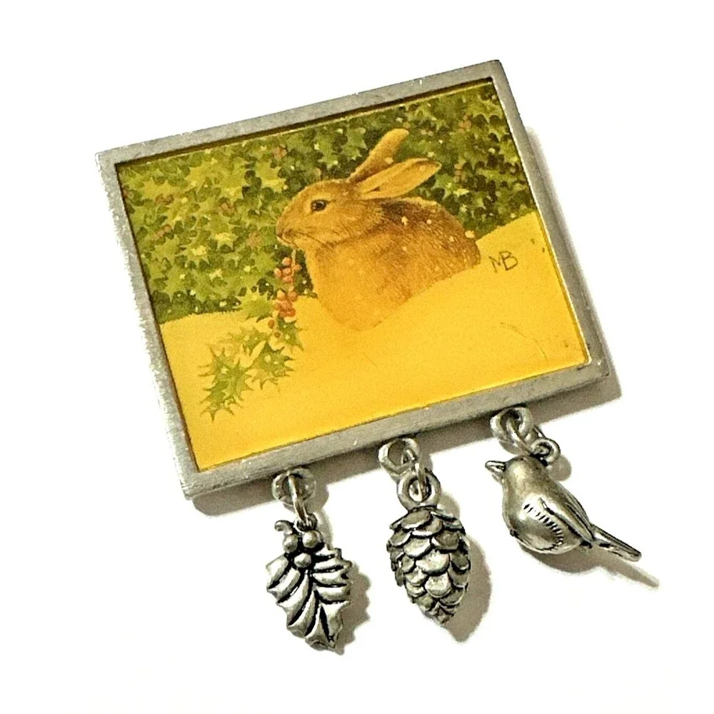 Vintage MARJOLEIN BASTIN Brooch Rabbit Holly Bush Nature Pewter Charms Signed